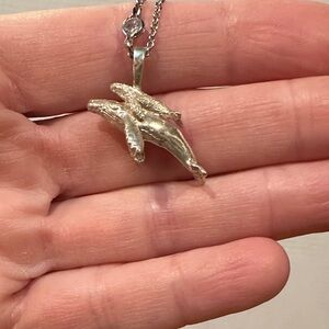 Silver 925 Whale Momma and Baby Pendant Necklace. Clear Crystals throughout